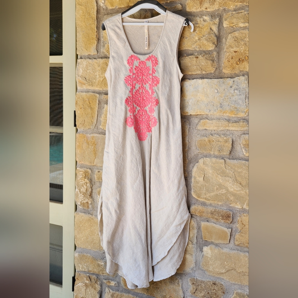 Pink Embroidered Beige Dress